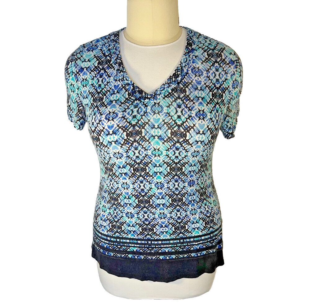 Croft & Barrow Women's L Tunic Tee Shirt Geometric Short Sleeve VNeck Blue